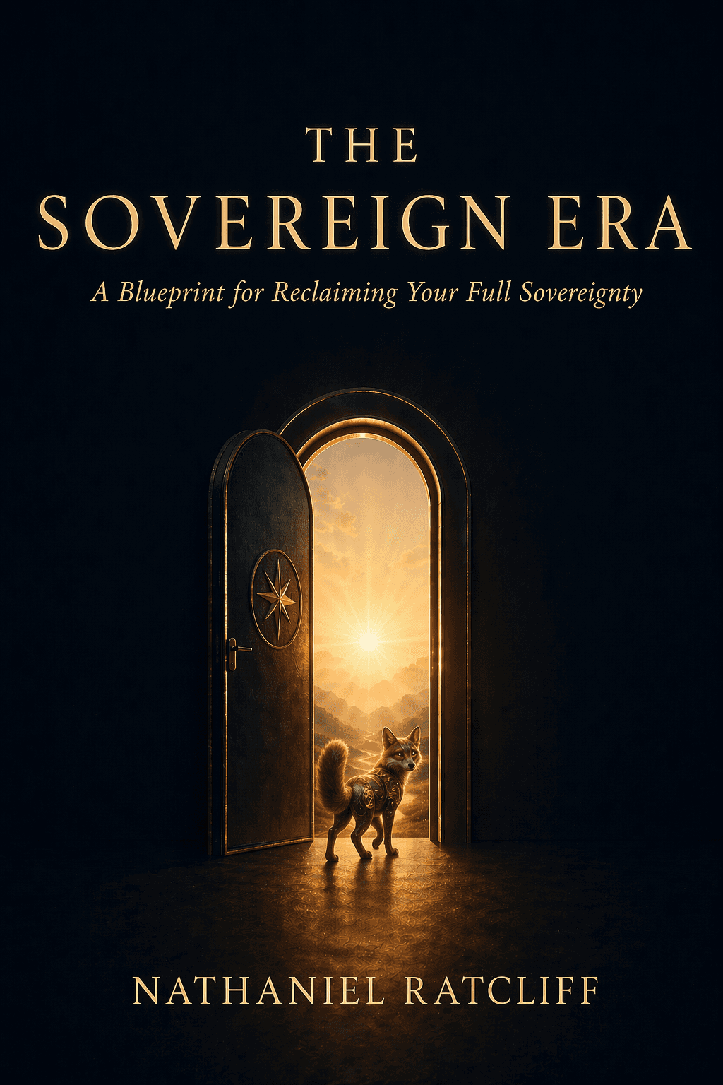 The Sovereign Era — book cover. A fox steps through an ornate doorway from darkness into golden light.